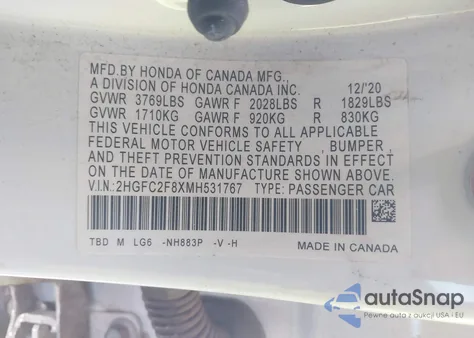 2021 Honda Civic Sport from USA, damaged, VIN 2HGFC2F8XMH531767